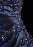 A-Line Navy Blue Strapless Satin Beading Vintage Long Party Dress Evening Dress, HZ0427