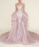 Gorgeous Pink Sequins Mermaid Beading Long Evening Dress Birthday Outfits, HZ0427