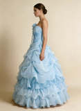 Pretty Prom Dress Strapless Pleated Flower Ball Gown Birthday Party Dress Evening Dress HZ0427
