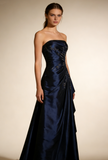 A-Line Navy Blue Strapless Satin Beading Vintage Long Party Dress Evening Dress, HZ0427