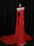 Stunning Mermaid Sweetheart Red Tulle With Scarf Long Prom Dresses Inspiration Evening Dress Princess Graduation Gown HZ0311